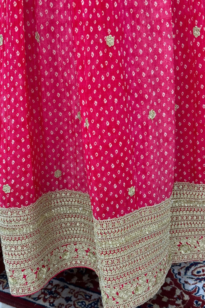 Rani Pink Mirror, Stone, Zardozi and Sequins work with Bandini Print Crop Top Lehenga