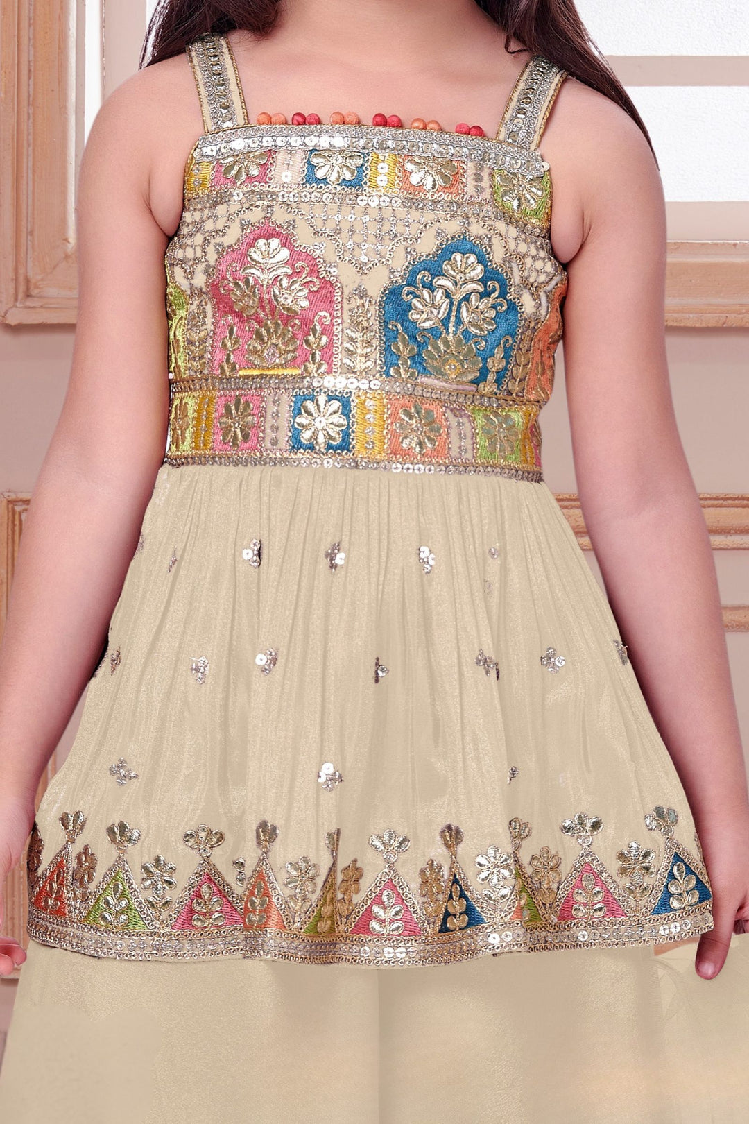Cream Multicolor Thread, Sequins and Zari work Palazzo Suit Set for Girls