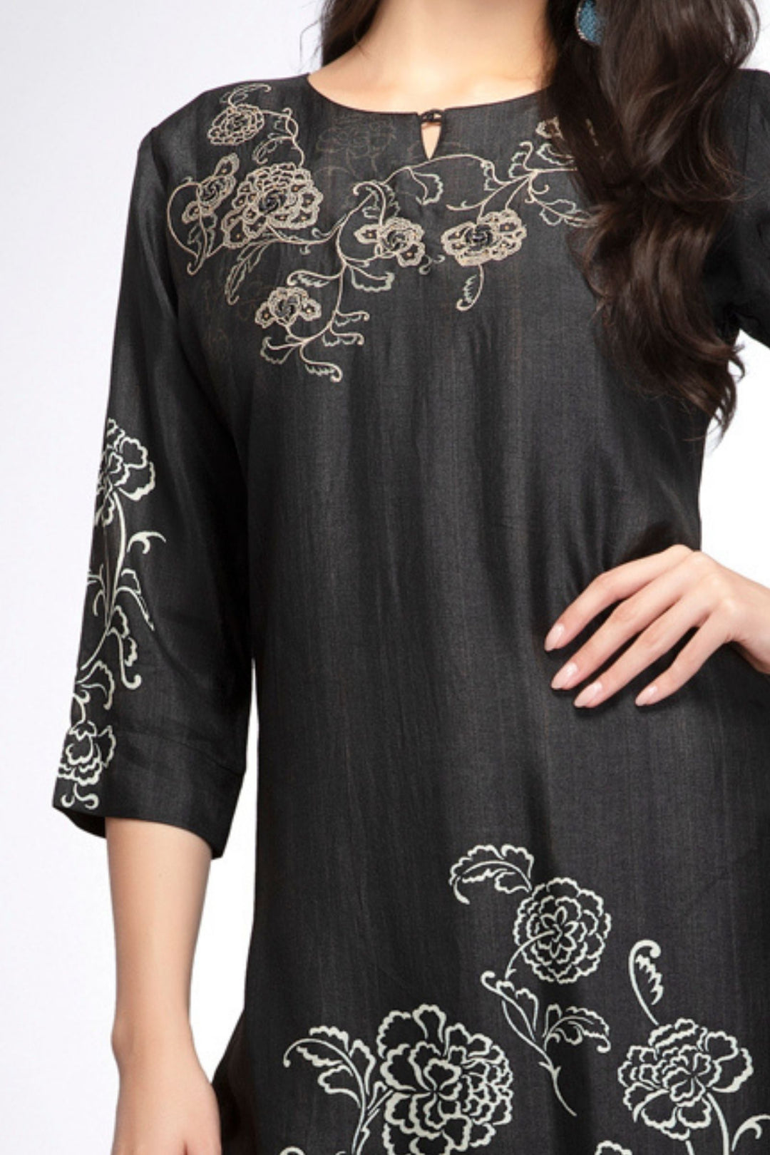 Black Thread and Stone work with Floral Print Calf Length Kurti