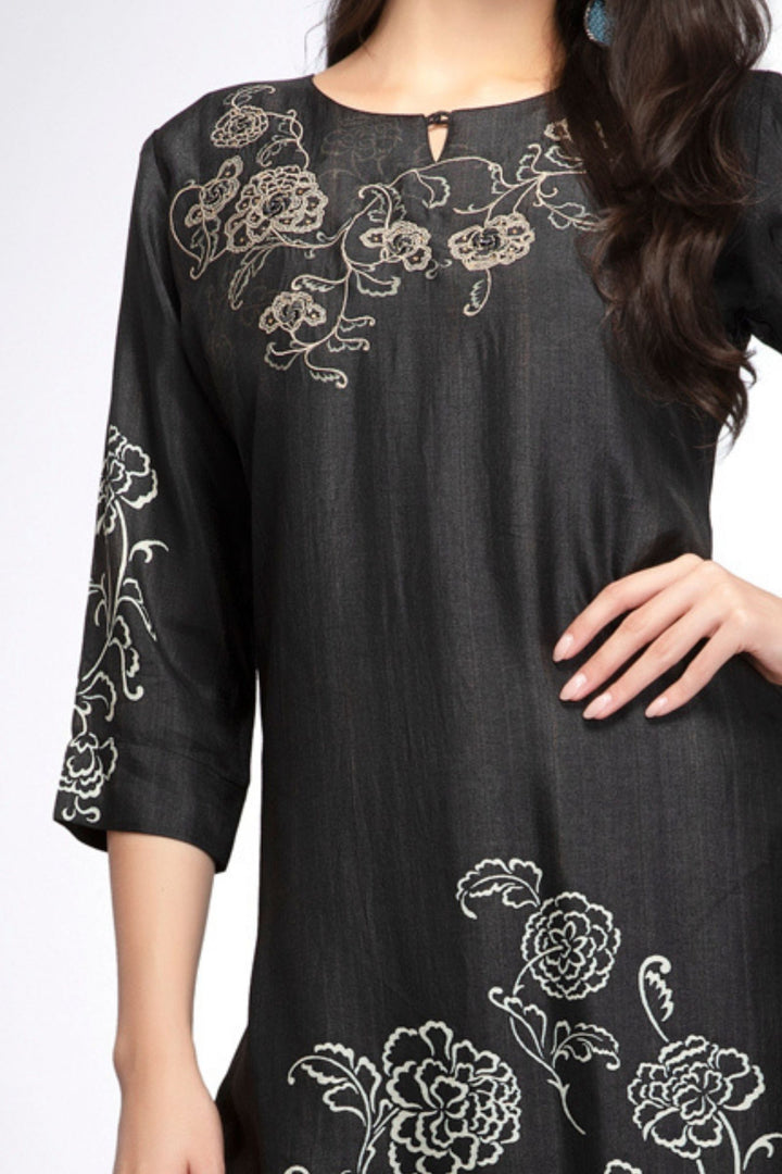 Black Thread and Stone work with Floral Print Calf Length Kurti