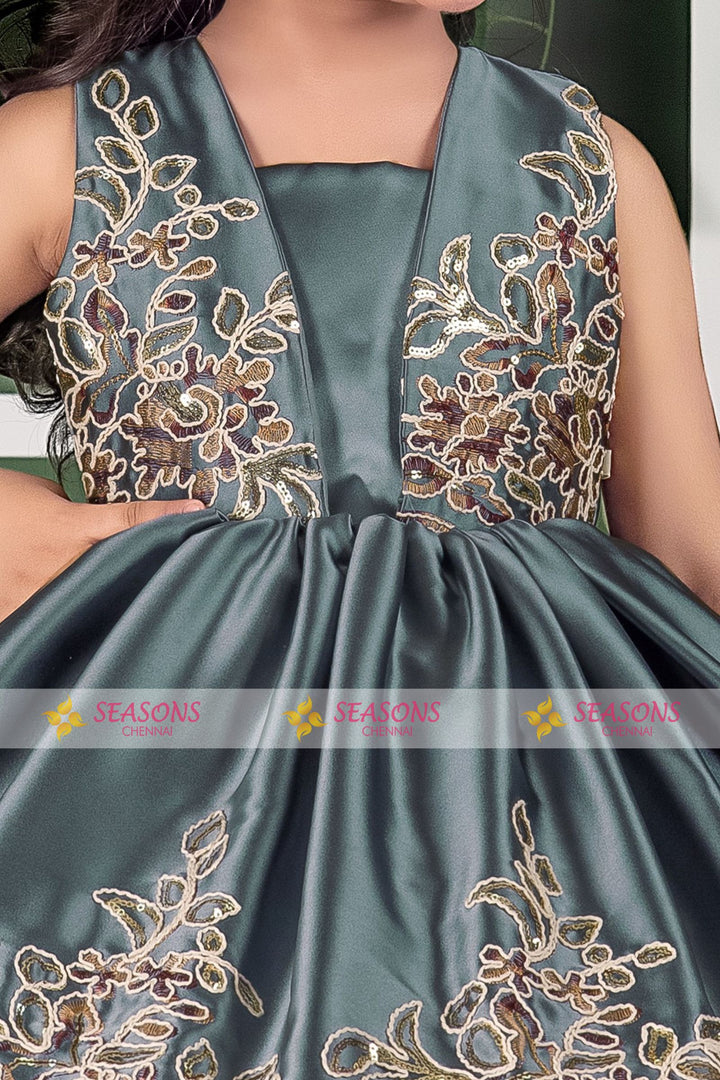 Dark Grey Embroidery and Sequins work Short Partywear Frock for Girls