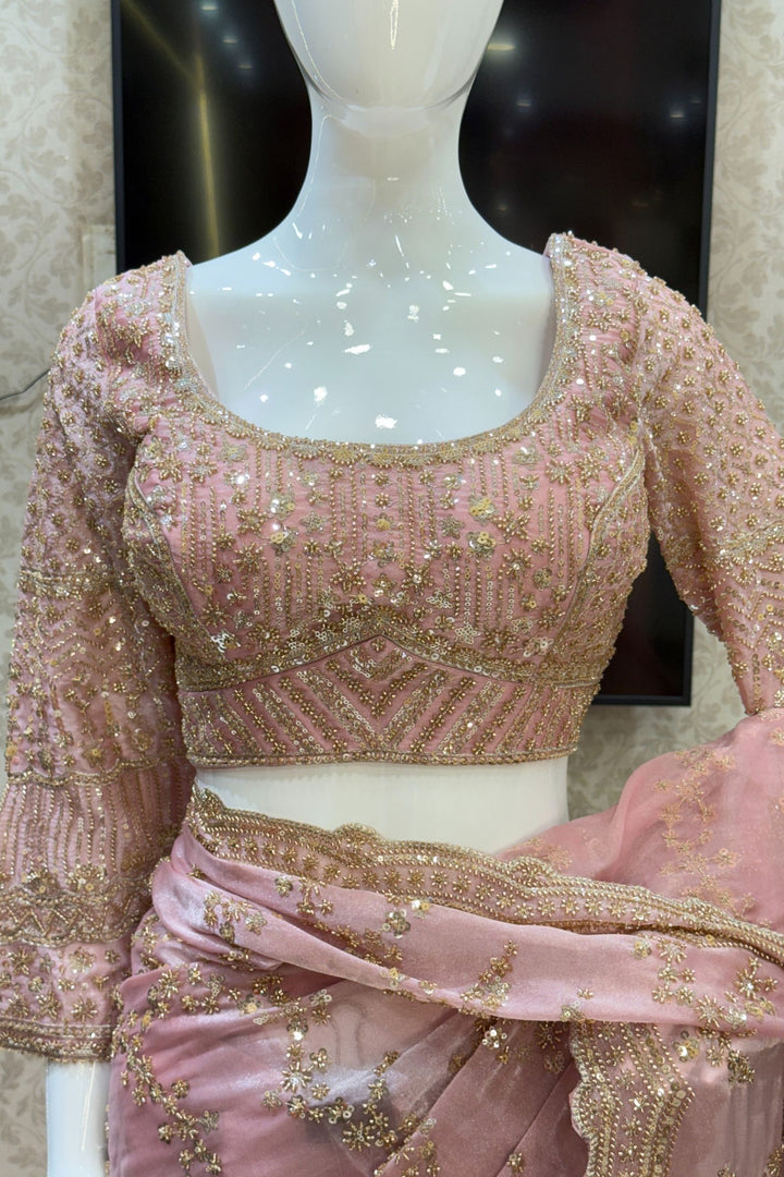 Rose Pink Zari, Beads and Sequins work Saree