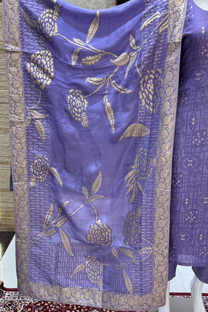 Lavender Beads, Sequins, Zardozi, Stone, Banaras and Jacquard work Straight Cut Salwar Suit