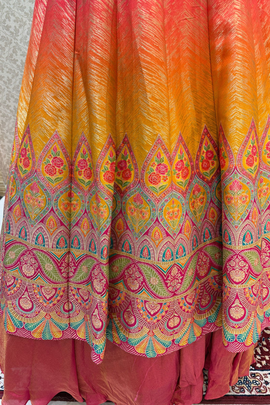 Pink with Mustard Banaras work Mastani Styled Long Top Lehenga