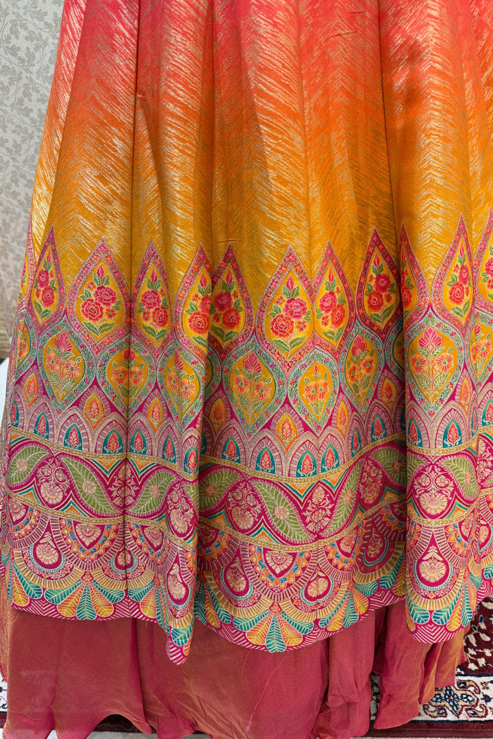 Pink with Mustard Banaras work Mastani Styled Long Top Lehenga