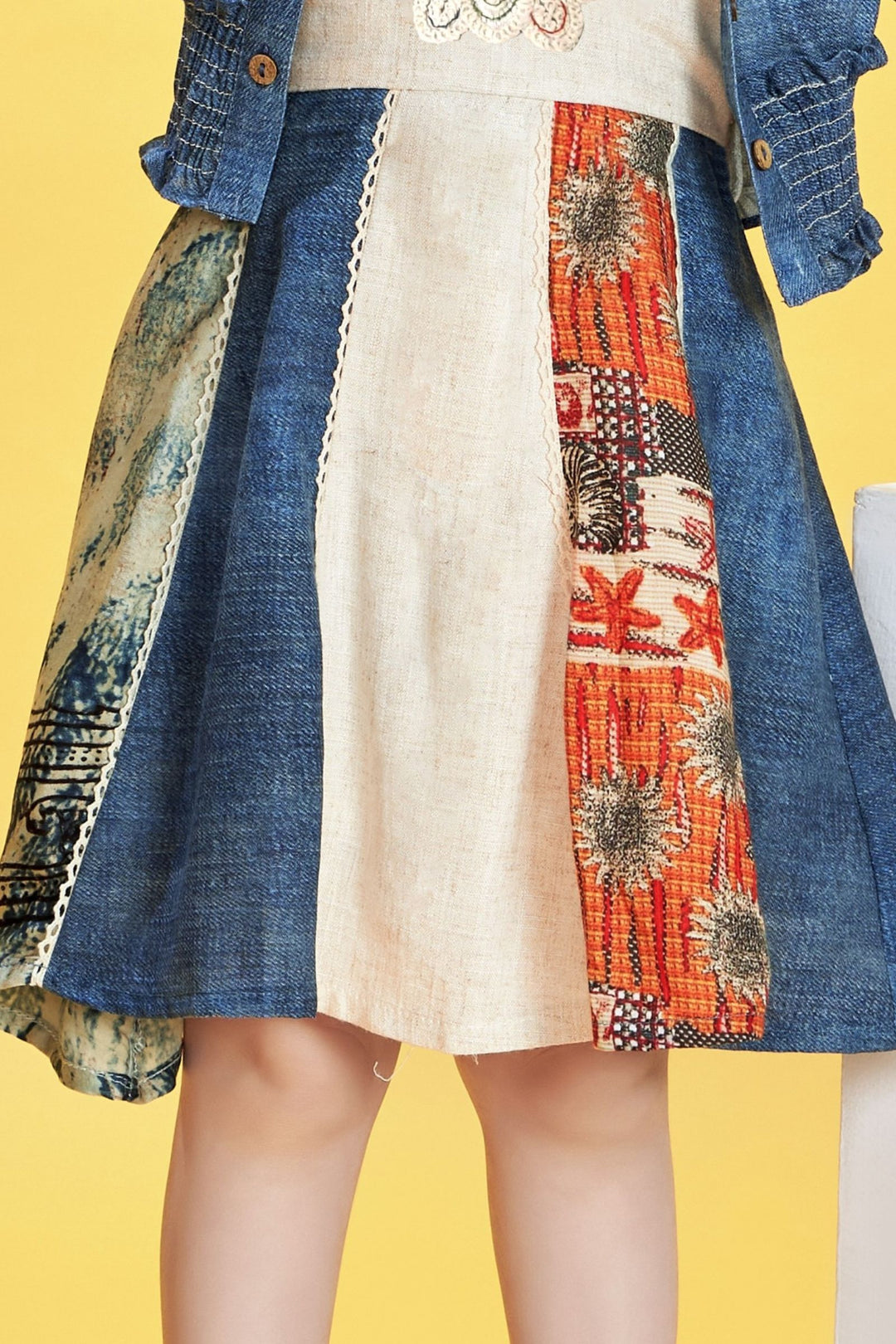 Cream with Blue Thread work with Digital Print Jacket Styled Short Frock For Girls