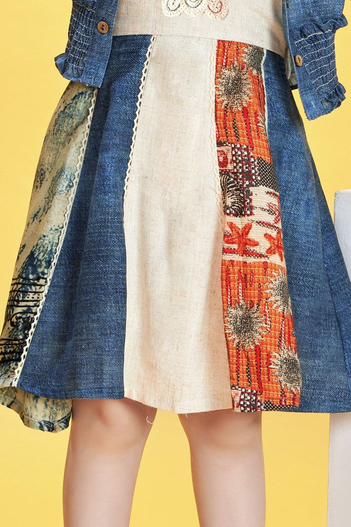 Cream with Blue Thread work with Digital Print Jacket Styled Short Frock For Girls