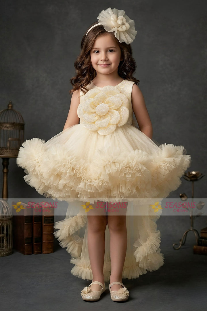 Light Yellow Glitter work Tail Cut Double Layered Partywear Frock for Girls