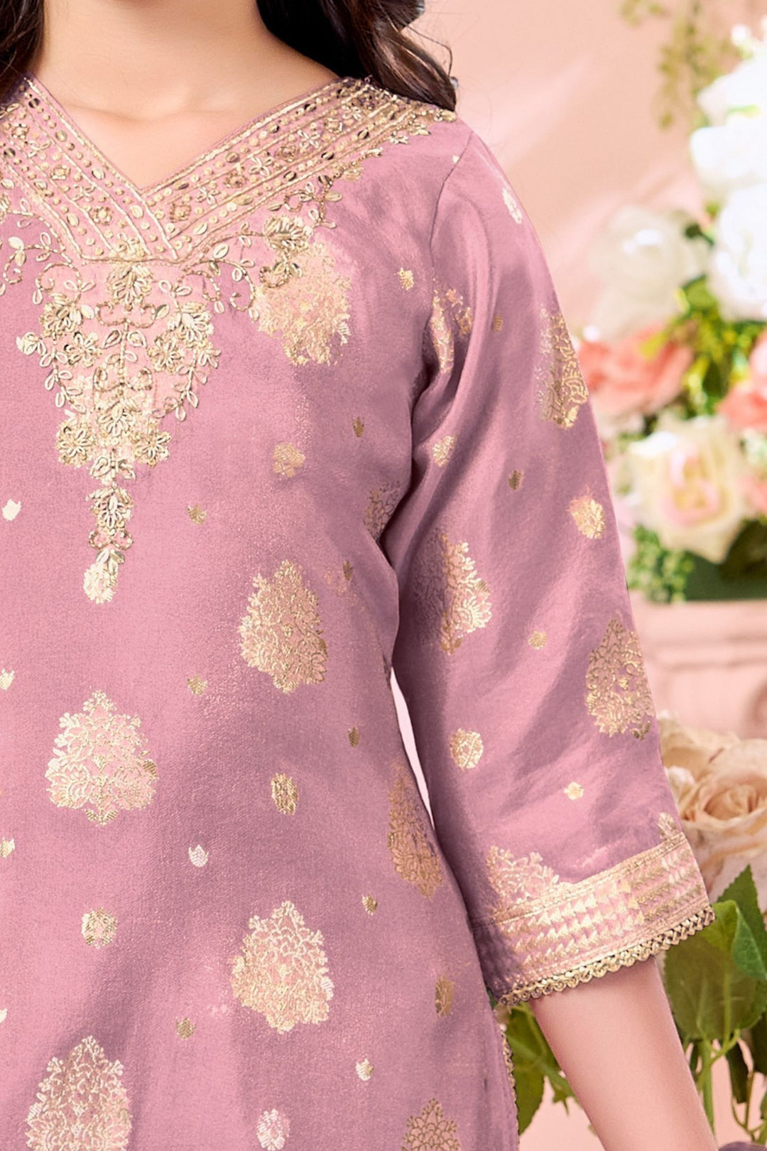 Onion Pink Brocade, Zardozi, Beads and Sequins work Sharara Suit Set for Girls