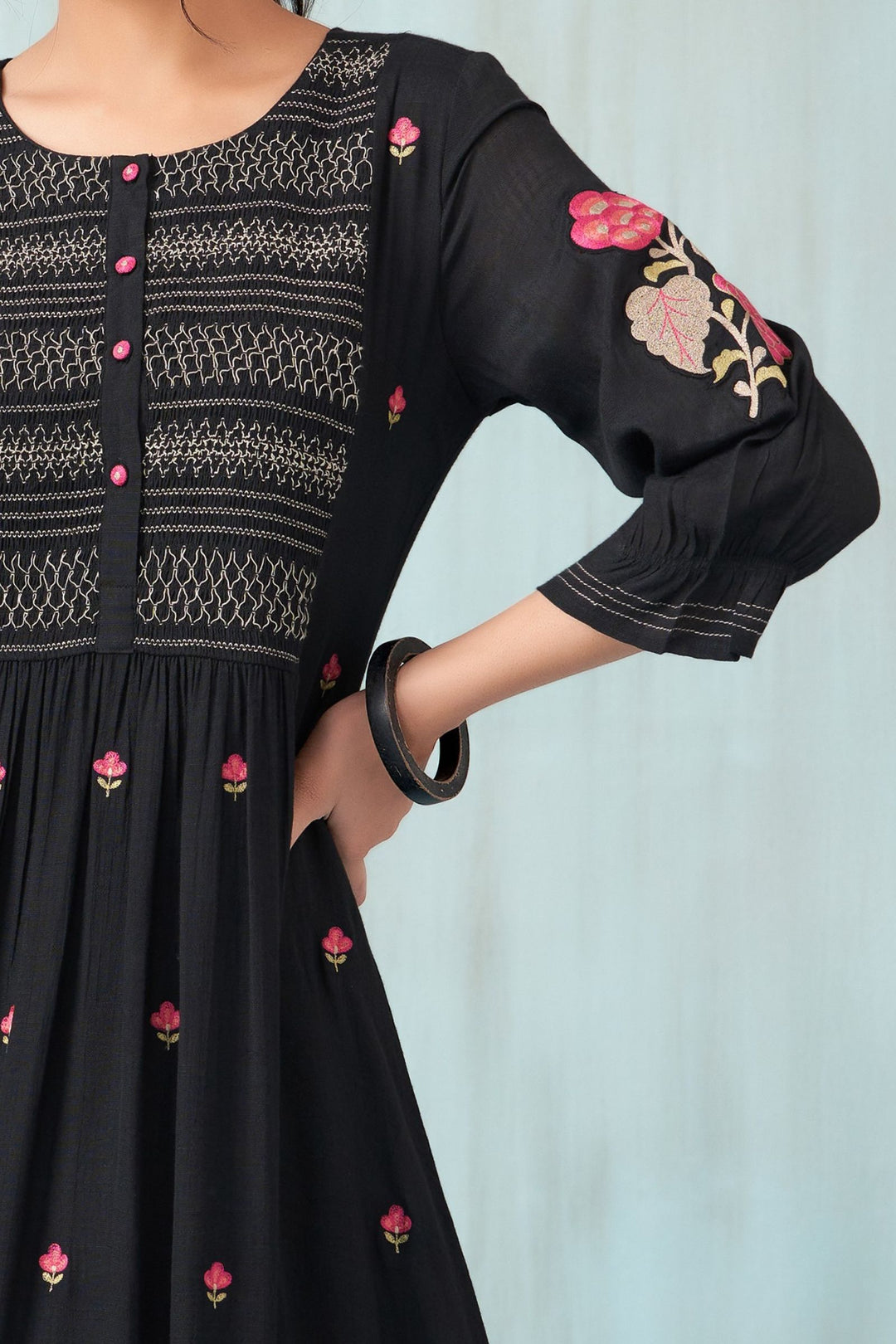 Black Multicolor Thread work Anarkali Styled Long Kurti
