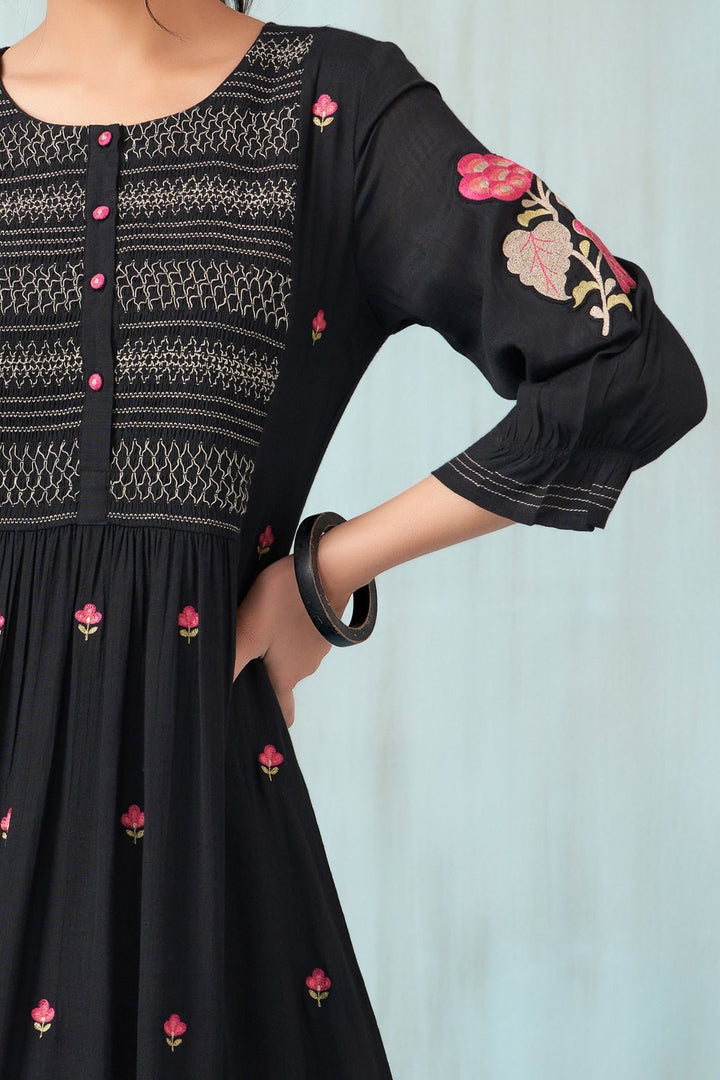 Black Multicolor Thread work Anarkali Styled Long Kurti