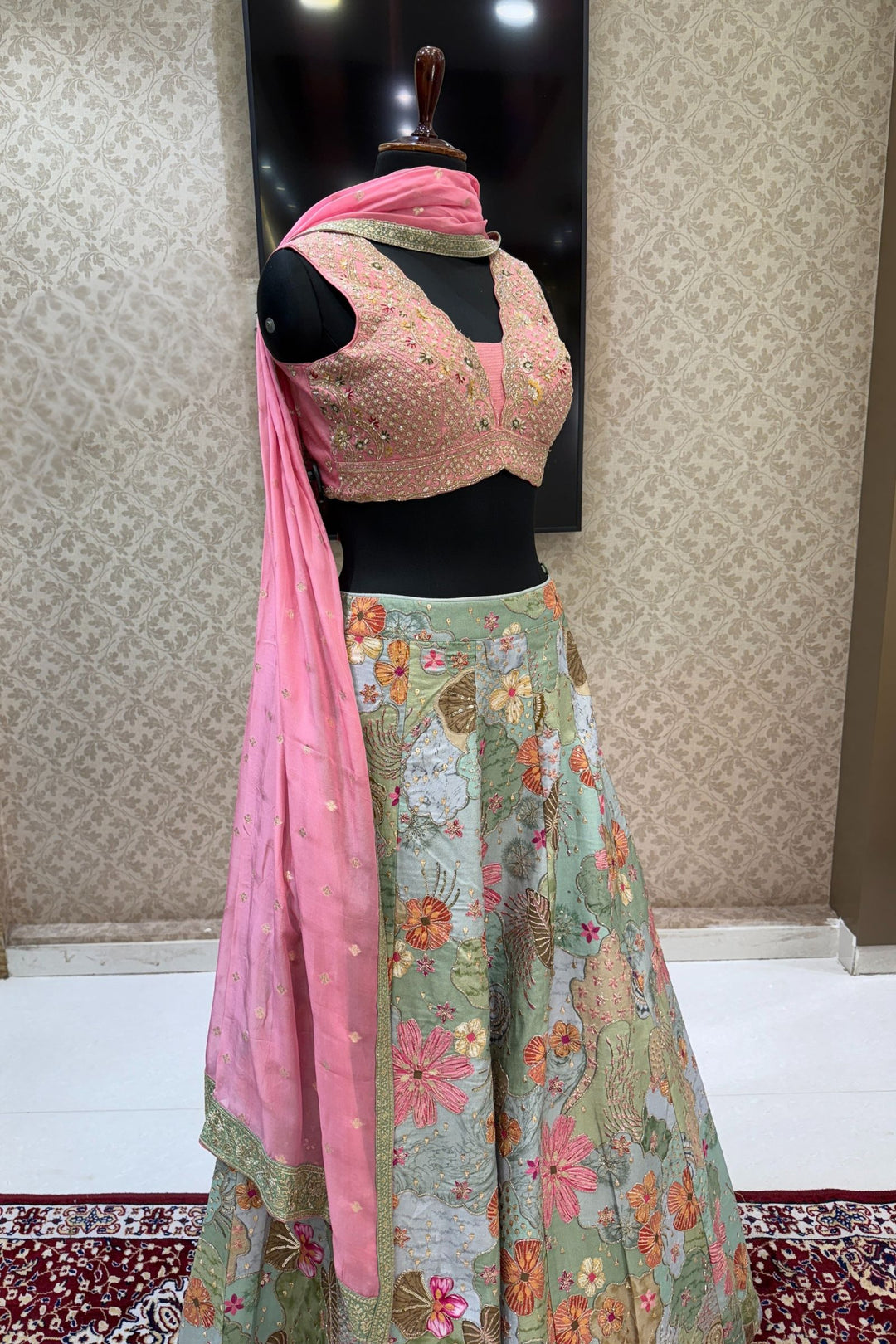 Pink with Light Green Floral Print, Beads, Zari and Sequins work Crop Top Lehenga