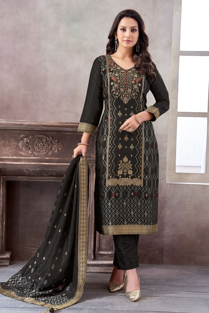 Black Banaras, Beads, Zardozi and Jacquard work Straight Cut Salwar Suit