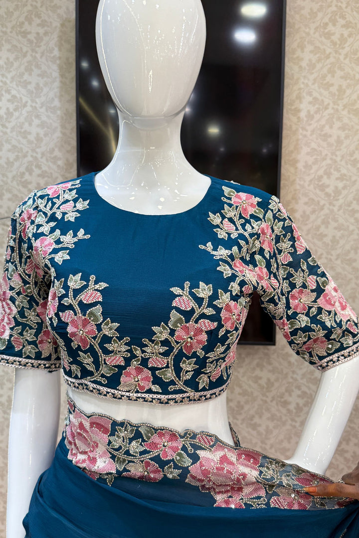 Peacock Green Embroidery, Sequins, Pearl and Zari work Saree