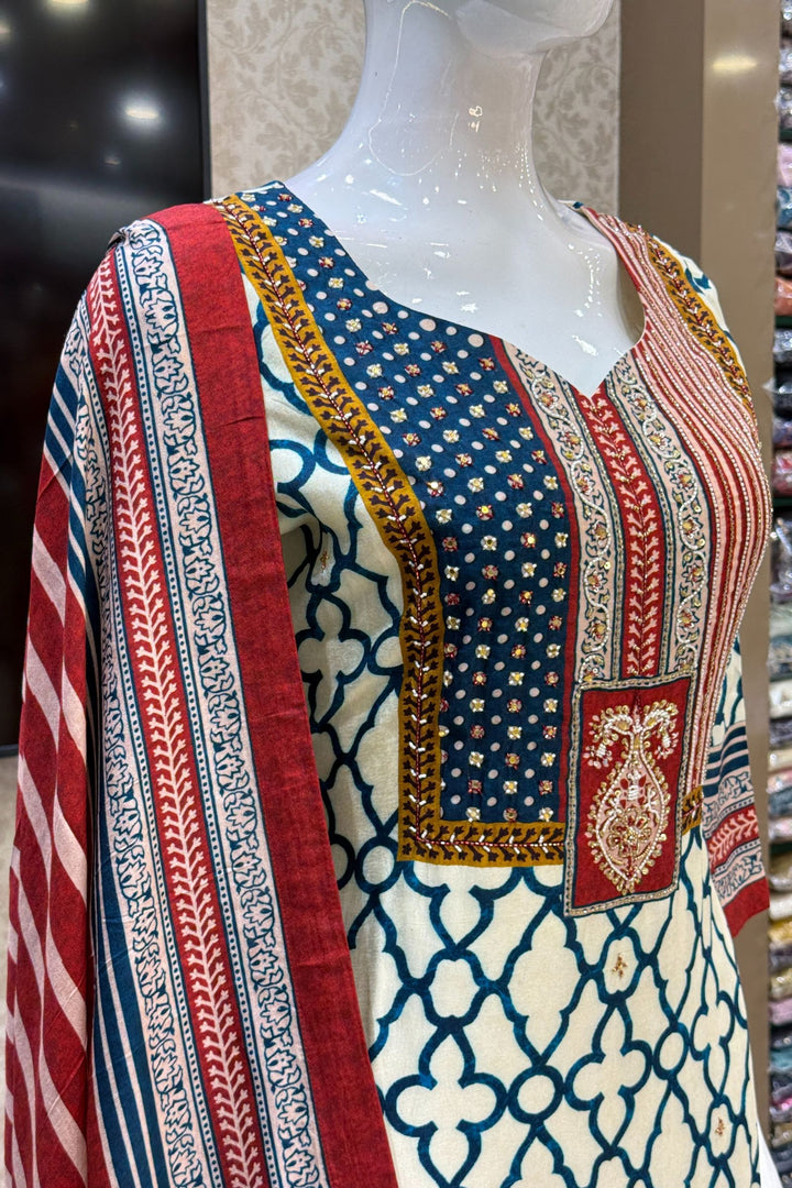 Cream with Peacock Blue Beads and Mirror work with Ajrakh Print Straight Cut Salwar Suit