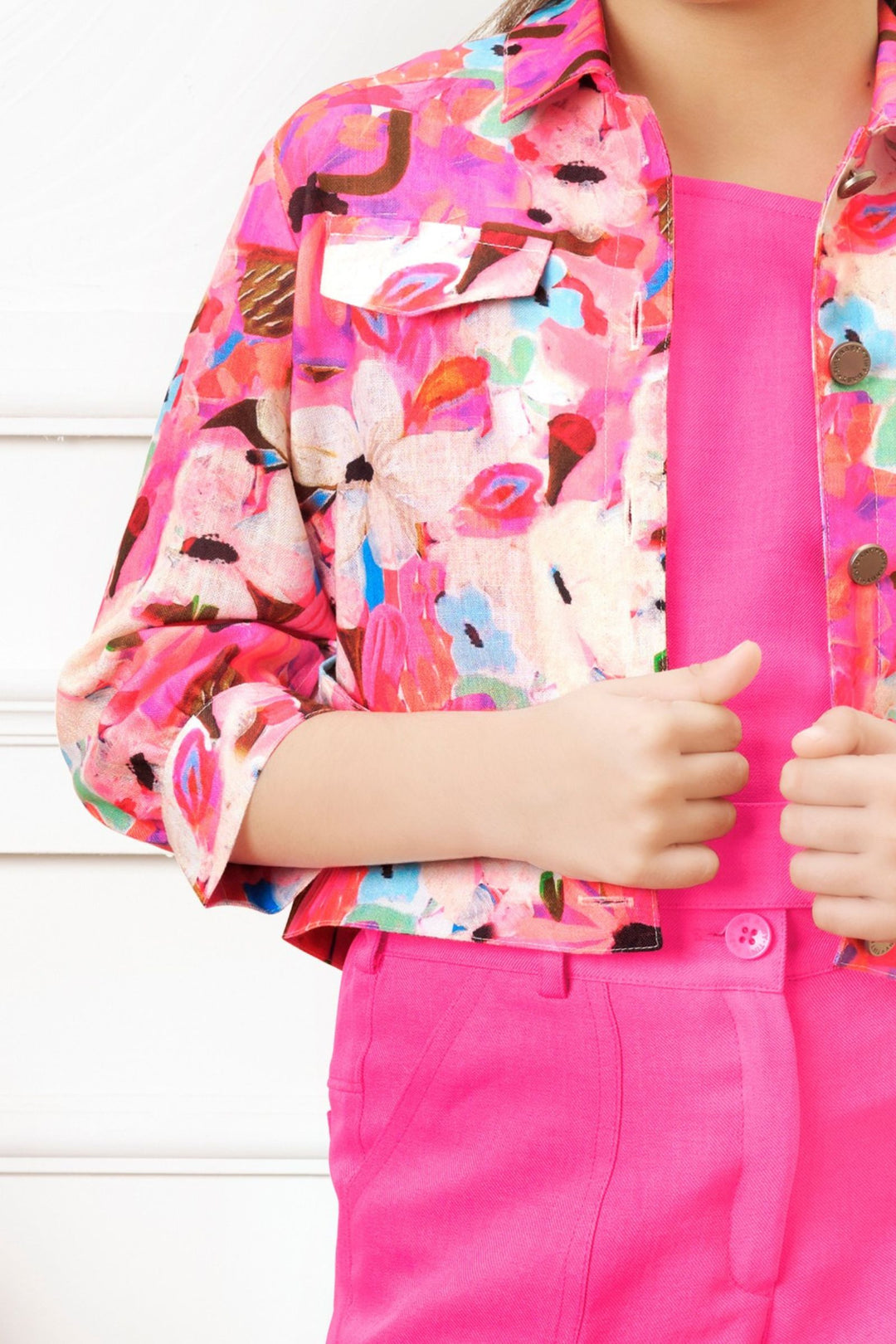 Neon Pink with Multicolor Digital Print Jacket Styled Co-ord Set for Girls