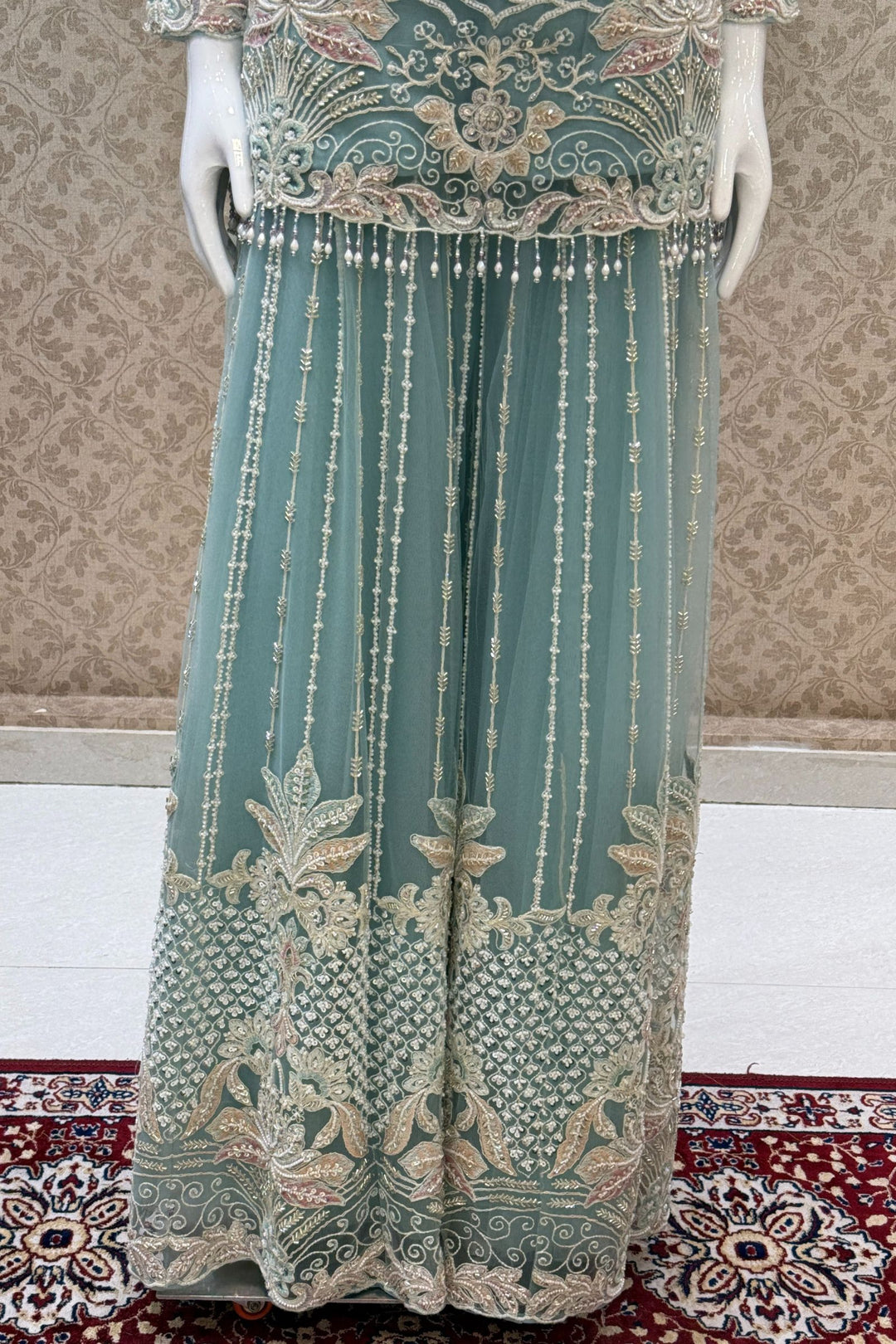 Sea Green Beads, Multicolor Embroidery and Sequins work Palazzo Suit Set