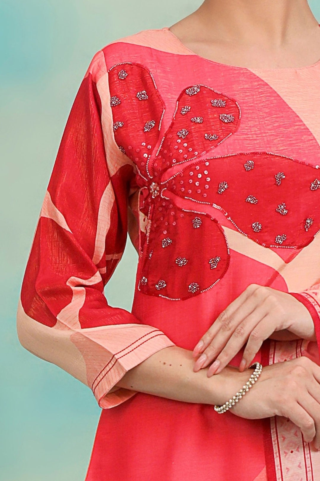 Pink with Digital Print, Beads and Sequins work Straight Cut Salwar Suit