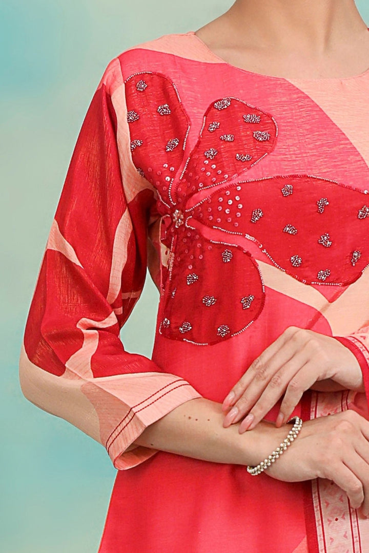 Pink with Digital Print, Beads and Sequins work Straight Cut Salwar Suit