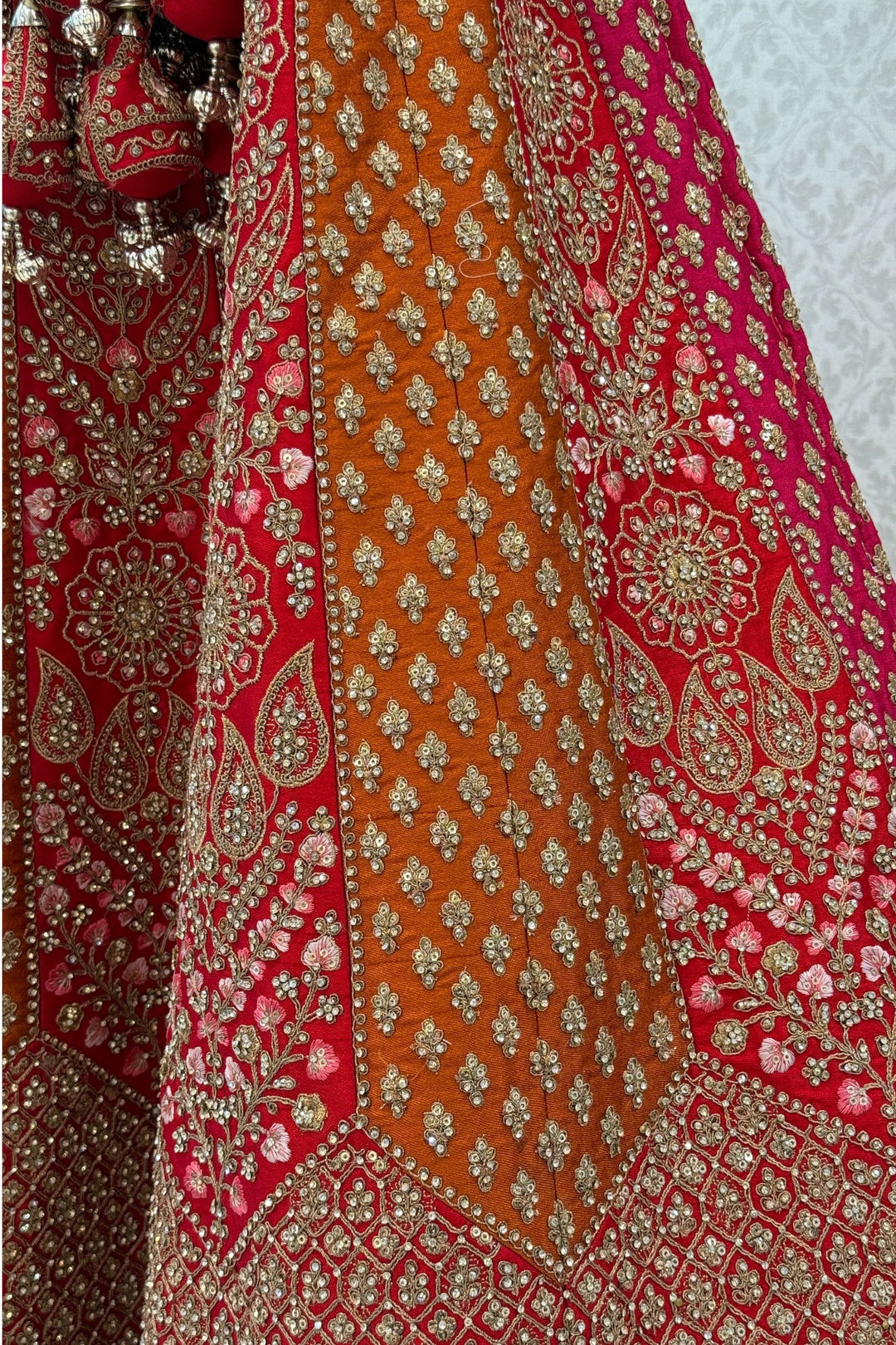 Red Zari, Stone and Embroidery work Crop Top Designer Bridal Multicolor Lehenga