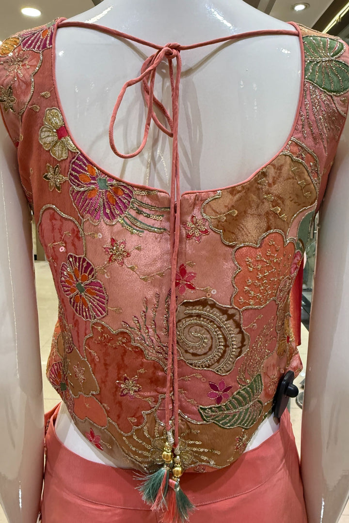 Peach Sequins, Zari, Zardozi and Stone work with Multicolor Digital Print Palazzo Suit Set