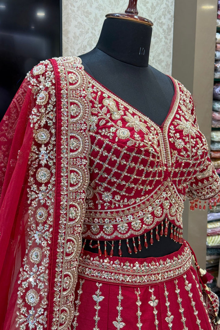 Red Beads, Sequins and Zari work Bridal Lehenga with Intricate Peacock and Elephant Motifs