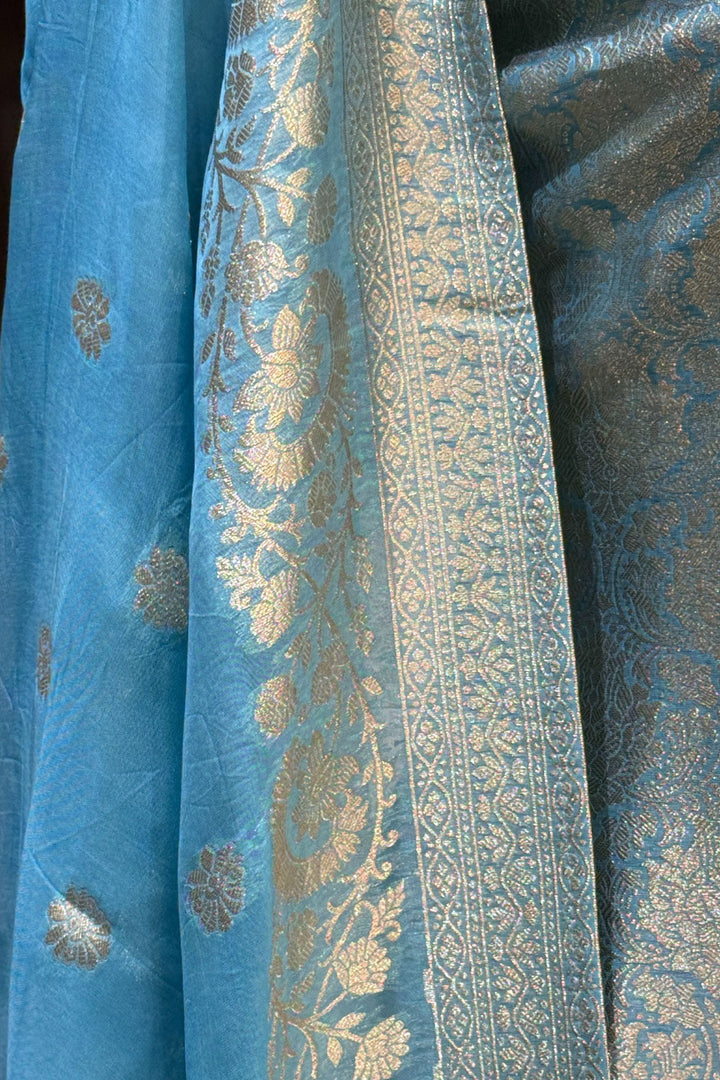 Sea Blue Beads, Mirror, Stone, Banaras and Brocade work Straight Cut Salwar Suit