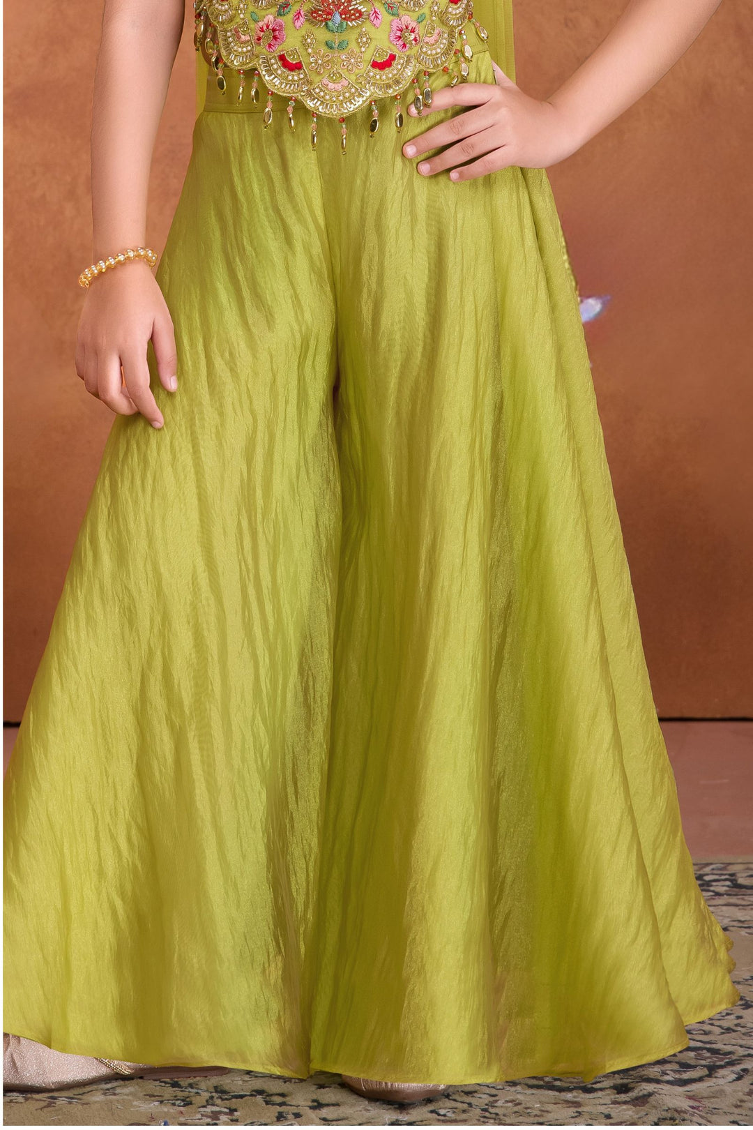 Liril Green Multicolor Embroidery, Beads, Sequins and Zari work Palazzo Suit Set for Girls