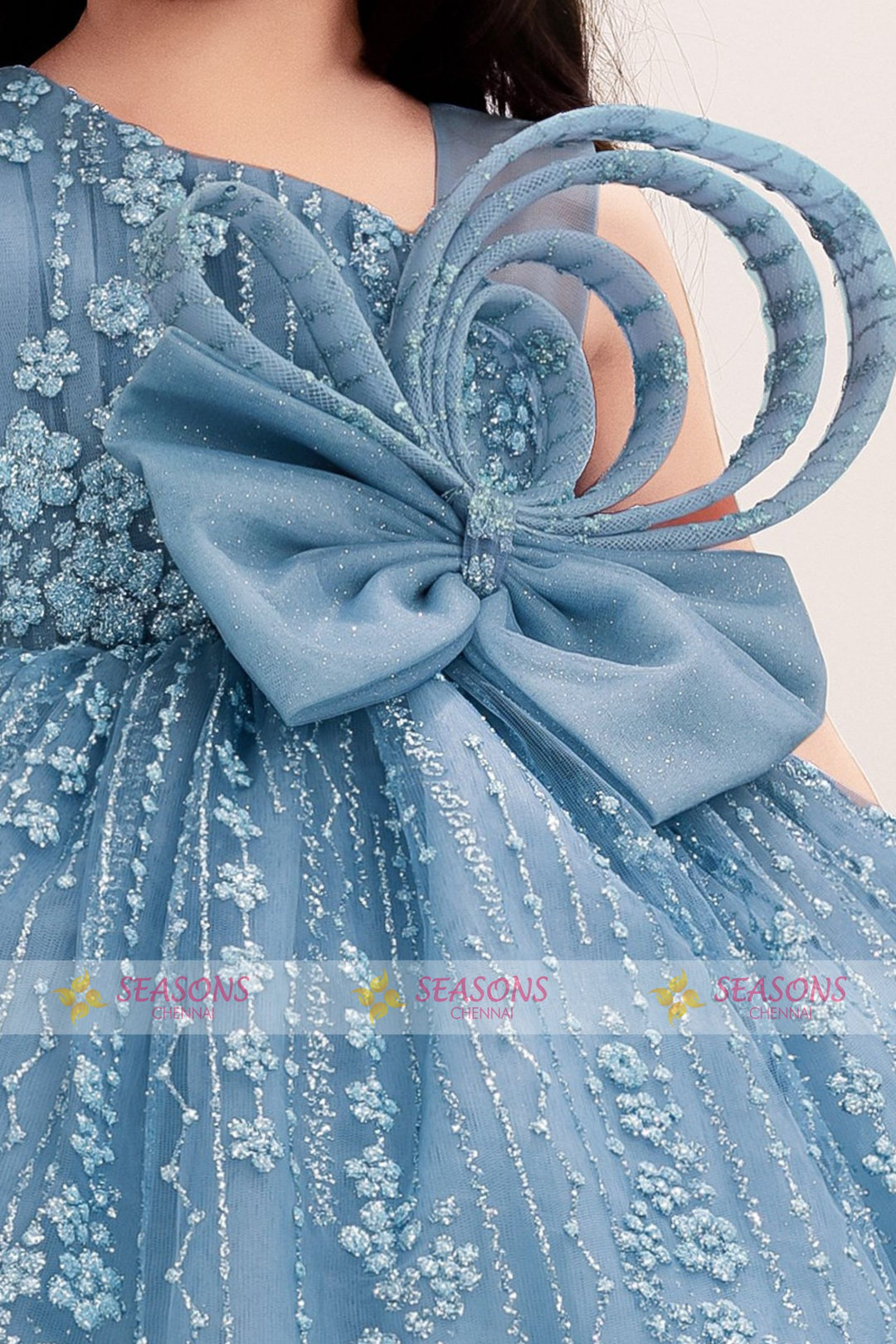 Greyish Blue Glitter work Short Partywear Frock for Girls