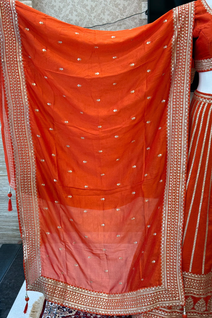 Orange Sequins and Zari work Crop Top Lehenga