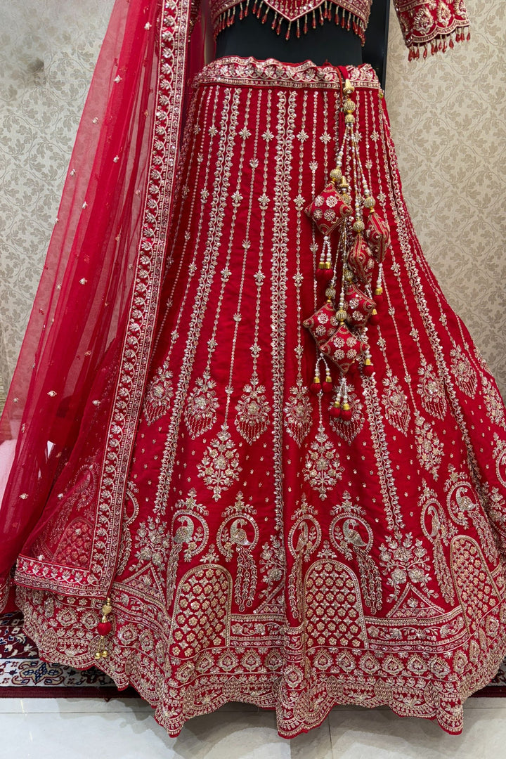 Red Beads, Zari, Zardozi, Thread and Sequins work Crop Top Designer Bridal Lehenga