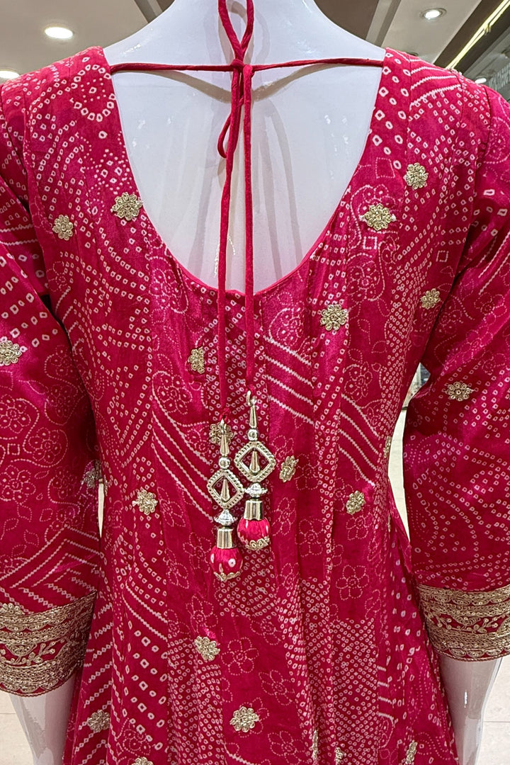 Rani Pink Zardozi, Stone, Sequins and Zari work with Bandini Print Anarkali Style Salwar