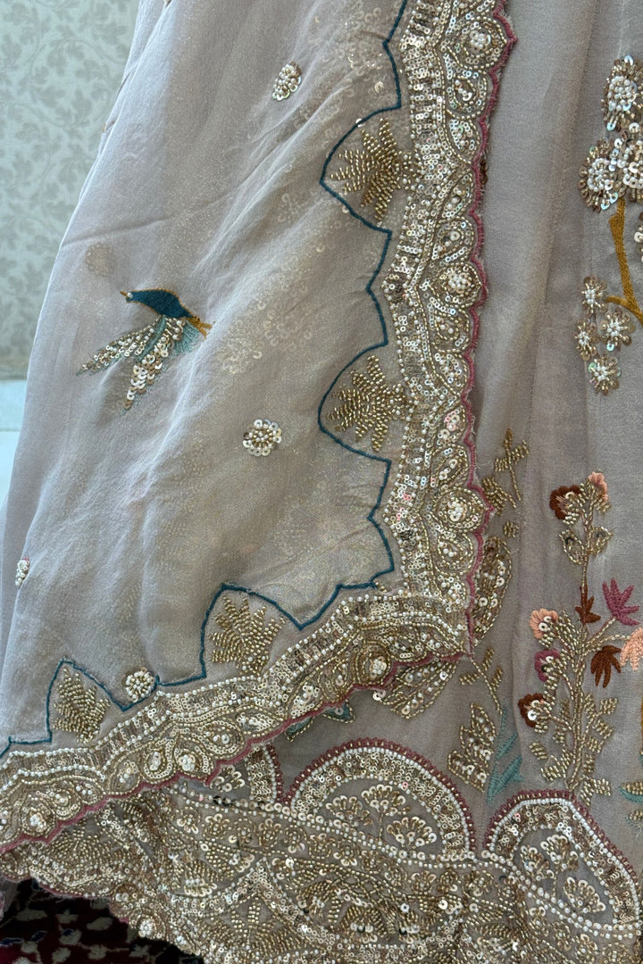 Beige Wedding Lehenga with Bird and Deer Motifs and Floral Bloom Embroidery with Belt