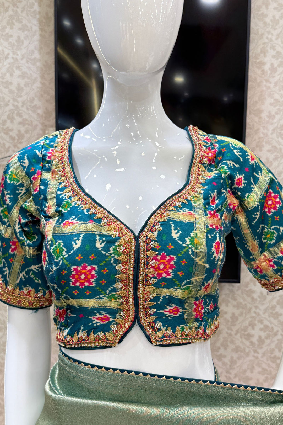 Sea Green Saree with Peacock Blue Beads, Zari and Sequins work with Pochampally Print Blouse