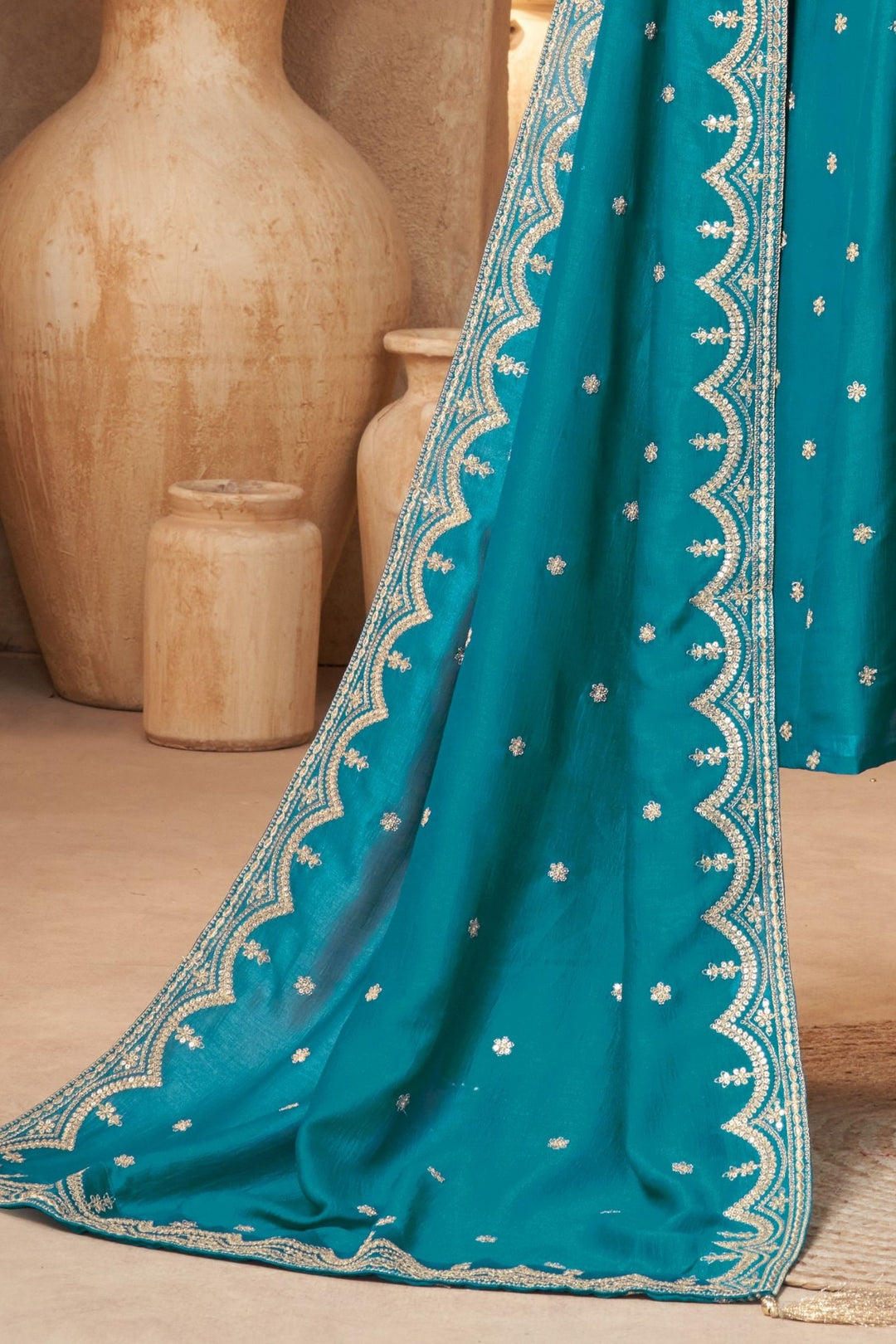 Rama Blue Zari, Zardozi, Sequins and Stone work A-line Cut Salwar Suit