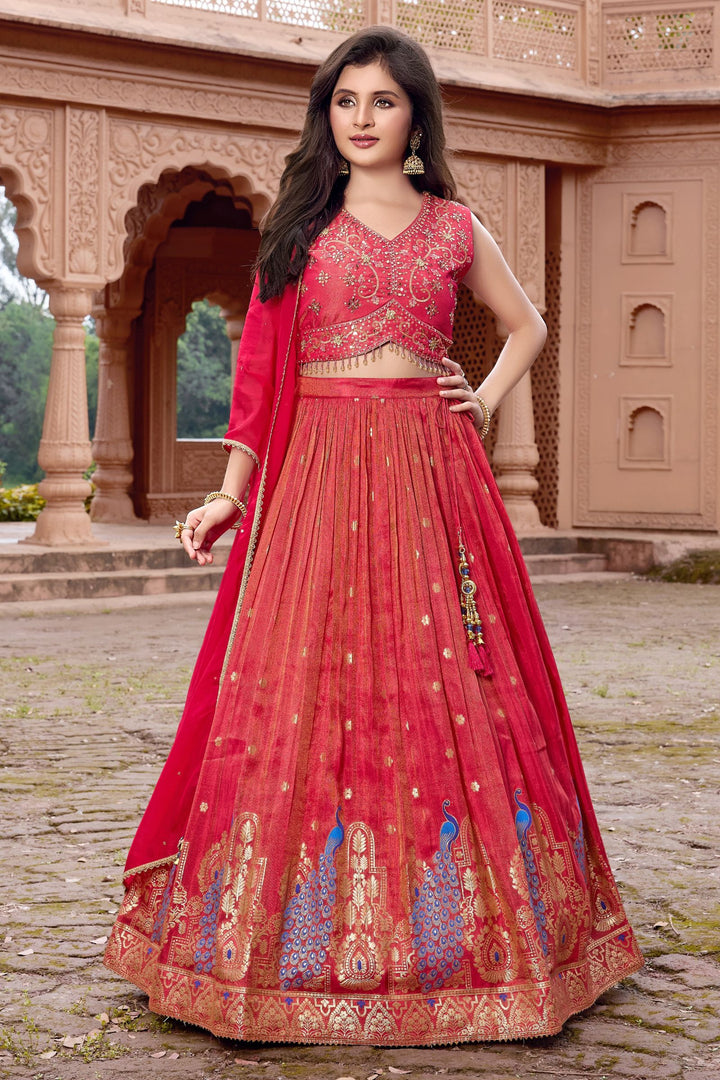 Tomato Red Stone, Mirror, Sequins, Beads and Banaras Zari work Lehenga Choli for Girls