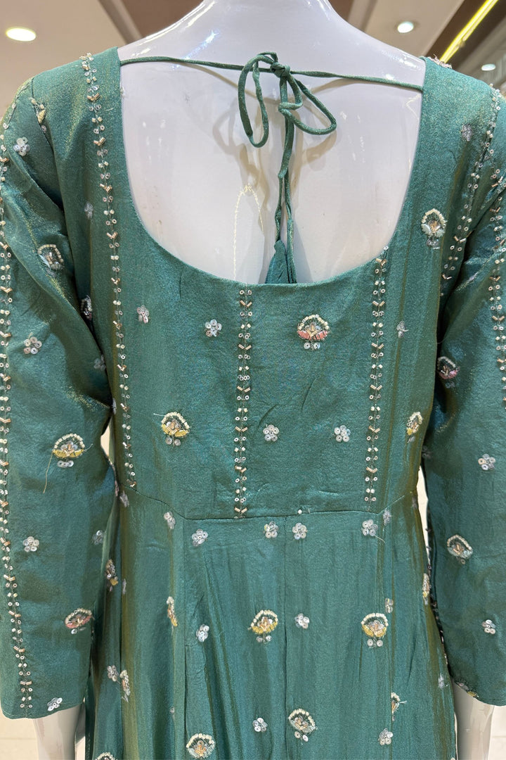 Sea Green Beads, Sequins and Thread work Long Top with Straight Pant