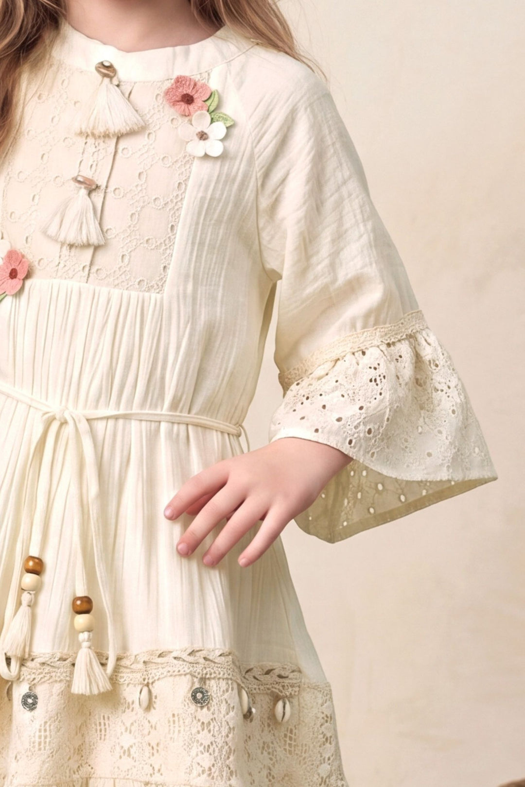 Cream Embroidered Lace Short Frock For Girls