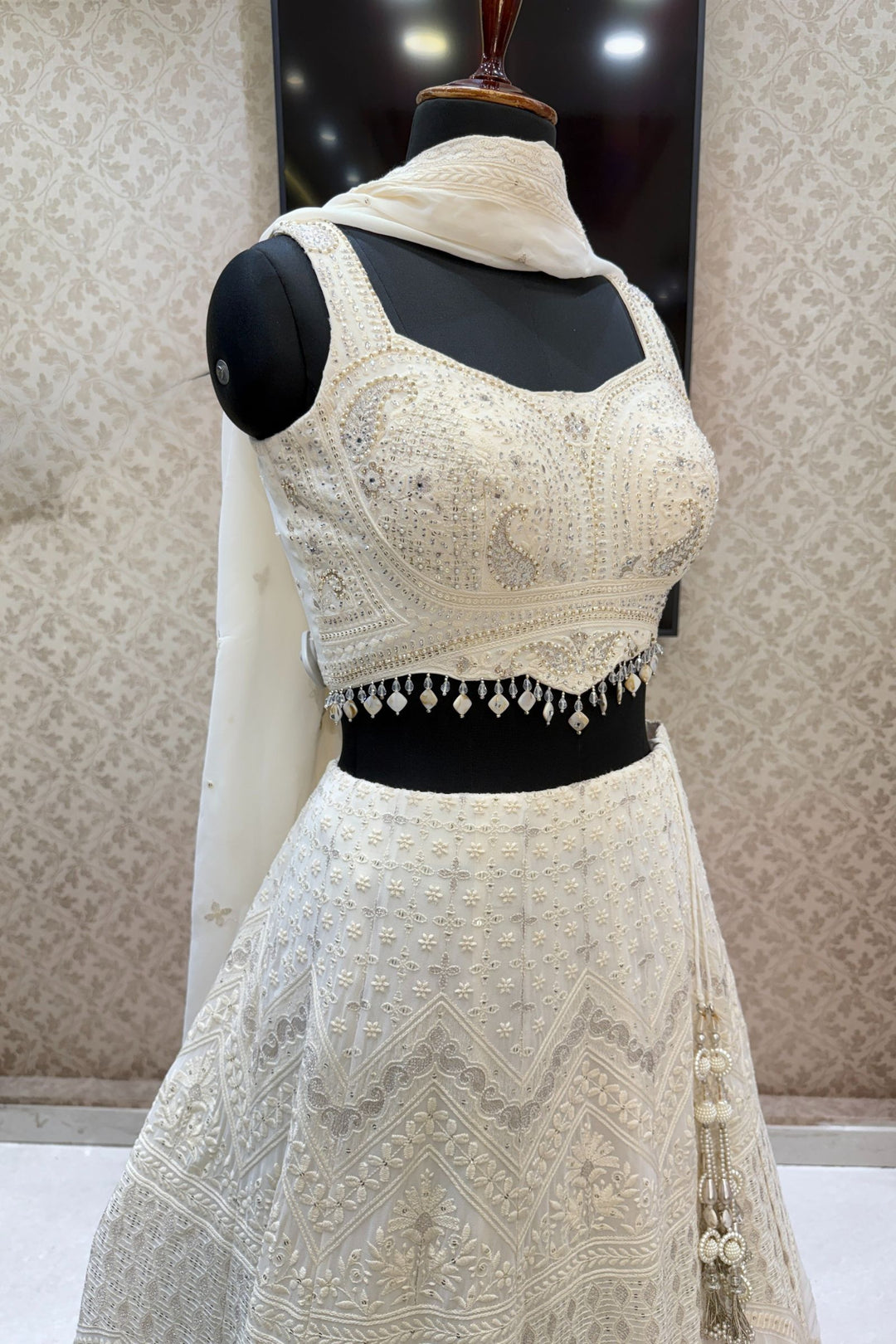 Cream Stone, Pearls, Zari, Sequins, Mirror, Beads and Embroidery work Crop Top Lehenga
