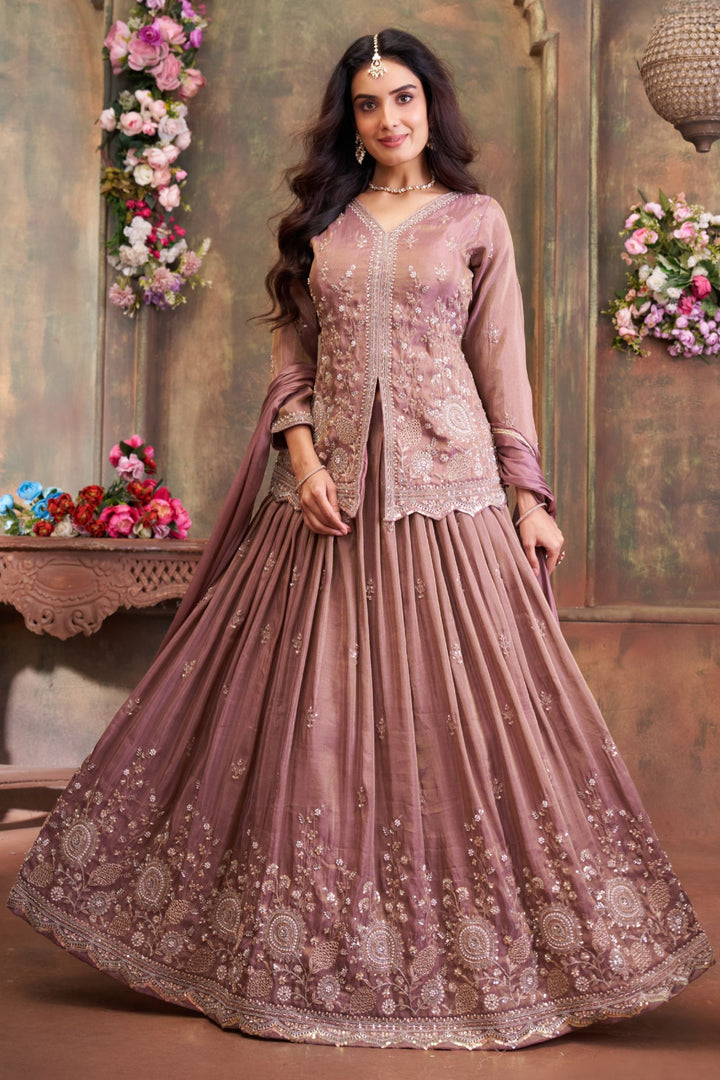 Onion Pink Beads, Pearl and Sequins work Peplum Style Lehenga