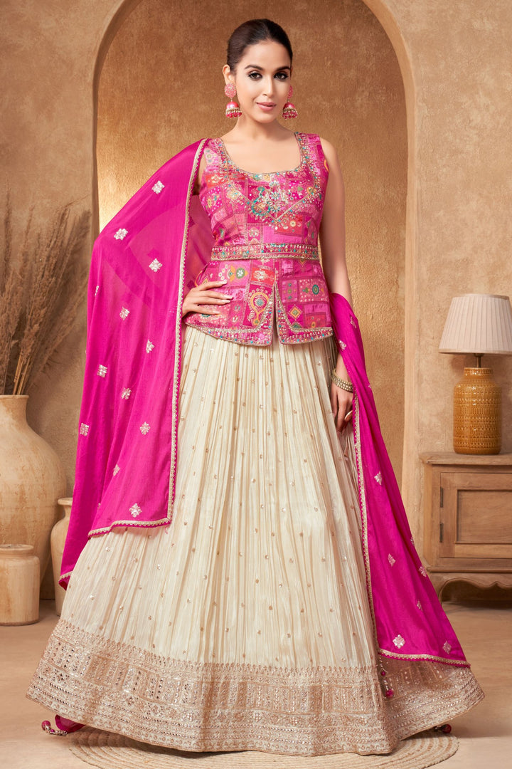 Rani Pink with Cream Banaras, Beads, Sequins, Zari and Stone work Peplum Style Lehenga