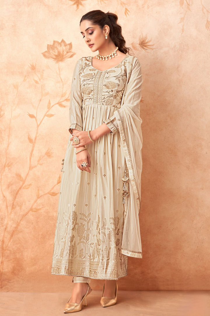 Beige Banaras, Beads, Stone, Mirror and Zardozi work Salwar Suit with Straight Pants