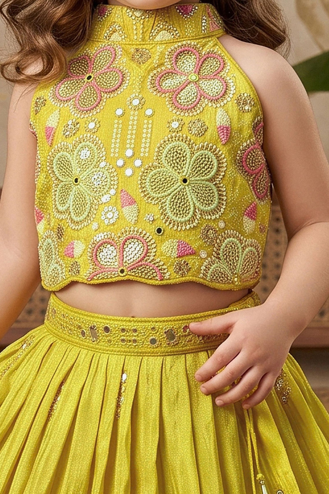 Lemon Green Halter Neck Girls Lehenga Choli with Emboridery, Beads and Sequins work
