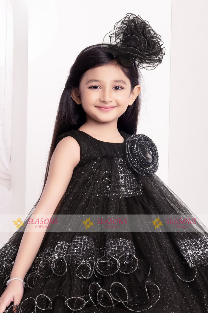 Black Glitter work Short Partywear Frock for Girls