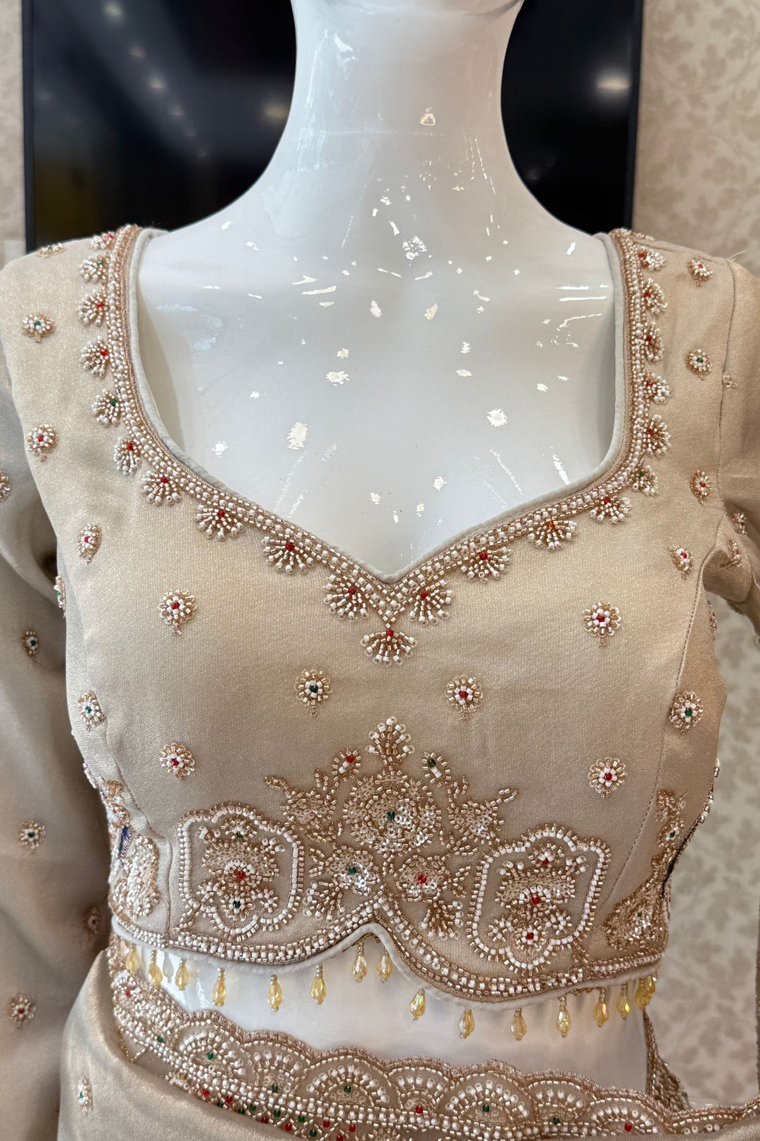 Grey Beads, Sequins and Pearl work Saree