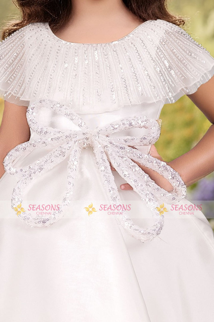 White Beads and Sequins work Kaftan Styled Long Party Frock for Girls