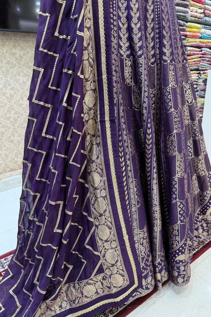 Purple Mirror, Beads, Zari, Banaras and Sequins work Crop Top Lehenga