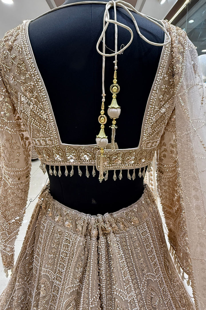 Beige Sequins, Pearl and Zari work Flared Lehenga Set with Peacock Motifs