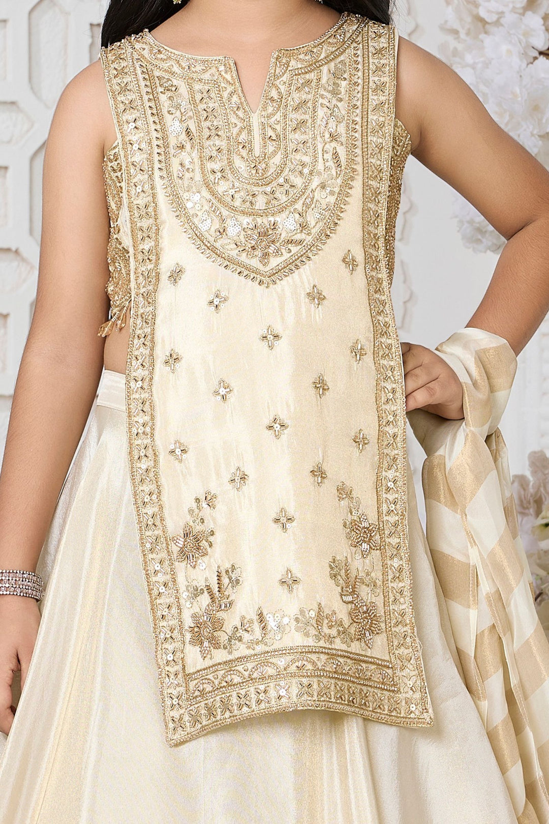 Fawn Indo-Western Styled Beads, Sequins and Zari work Lehenga Choli for Girls