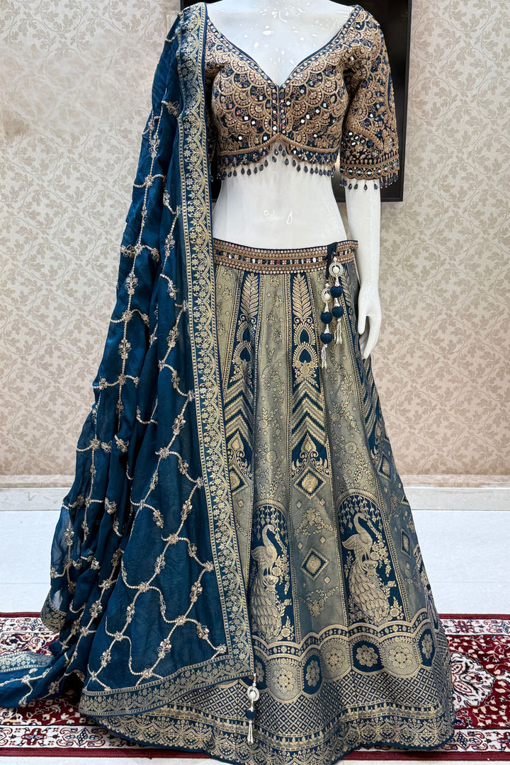 Peacock Blue Mirror, Beads, Zari, Sequins and Banaras work Crop Top Bridal Lehenga